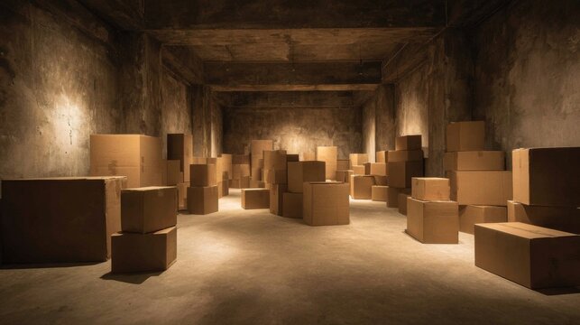 Empty Storage Room with Scattered Cardboard Boxes on Concrete Floor Surrounded by Dim Lighting
