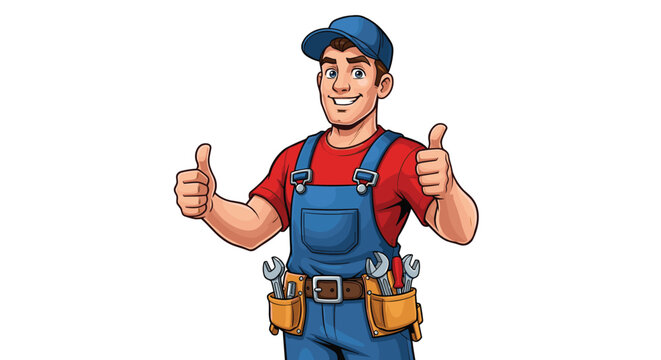 Cartoon Plumber Giving Thumbs Up Approval: Cheerful Handyman in Blue Overalls with Tool Belt Offering Positive Feedback on White Background for Home Repair Services, Promoting Quality Craftsmanship an