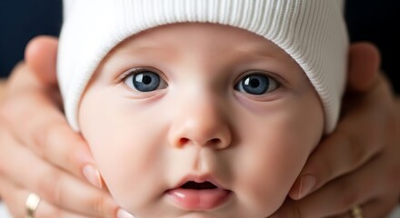 Adorable baby face close up with bright blue eyes wearing a white beanie