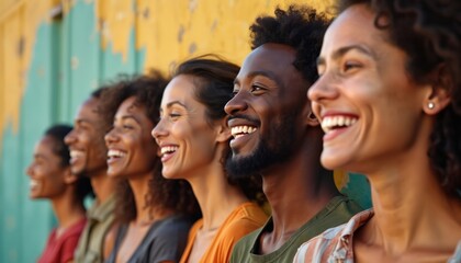 Obraz premium Diverse group of happy people smiling together in friendship. They look joyful and united, representing multiculturalism and positive connections between different individuals.