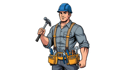 Confident Construction Worker Holding Hammer Ready to Build & Repair: Skilled Tradesman Cartoon Character for Professional Services, Maintenance, & Home Improvement Advertising, Presentation & Marketi