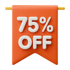 75 _ sale Off Banner 3d icon in cartoon plastic style minimal isolated on transparent white background, clipping path