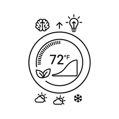 Smart thermostat icon showing temperature, learning, and energy saving