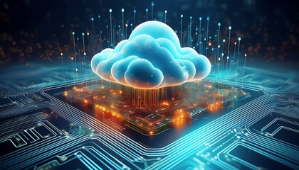 digital cloud technology over a circuit board illustrating data storage and network connectivity in modern computing systems
