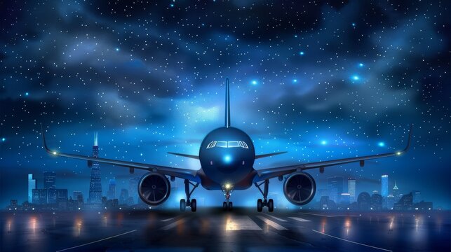 Futuristic digital overlay enhances nighttime view of airplane approaching urban landscape