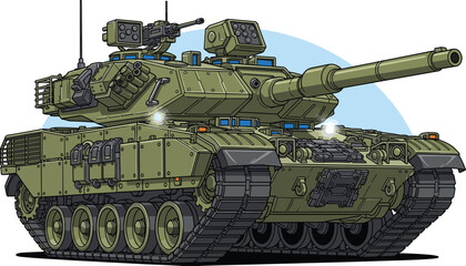 Green Military Tank Advancing, Modern Army Vehicle Illustration in Cartoon Style on White with Blue Backdrop, Armored Warfare Concept for Defense, Transport Technology, Tactical Power, and Strategic S