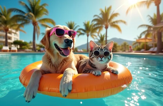Happy dog and cat wear sunglasses float on inflatable ring in pool. Palm trees, resort, sunny day, bright blue water make perfect summer vacation scene. Pets relax and have fun.