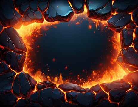 a fiery lava rock frame with glowing embers and cracks - Powered by Adobe