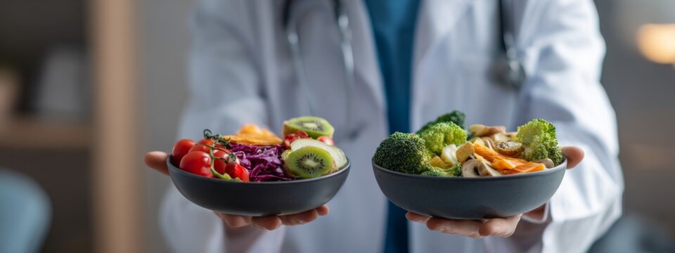 Clinician Comparing Healthy and Unhealthy Foods in Bowls for Nutritional Guidance and Dietary Choices