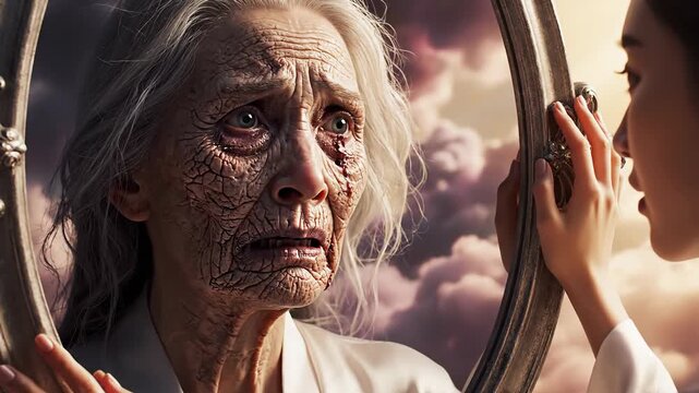 A woman's reflection reveals aging and the passage of time in a surreal environment