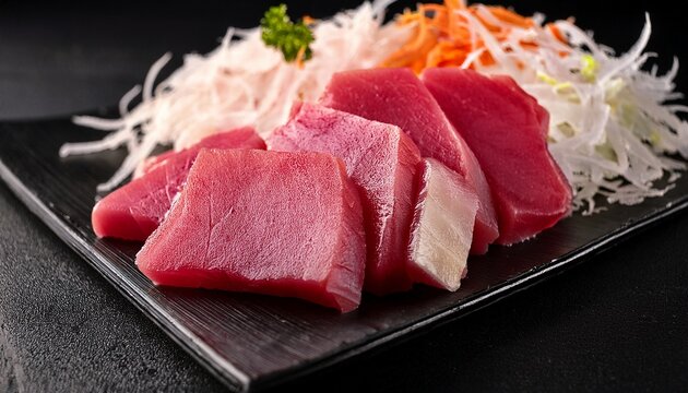 rough cuts of high quality medium fatty tuna maguro or chutoro as sold in fish markets shredded daikon beneath the maguro
