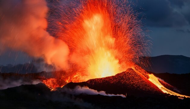 a volcano erupting bright molten lava overflowing - Powered by Adobe