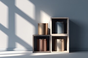 Bright paint cans in various colors are stacked in wooden boxes with strong sunlight casting shadows