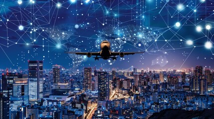 Futuristic digital overlay on airplane approaching city skyline at nighttime for a modern feel