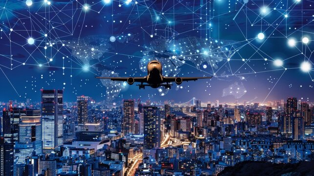 Futuristic digital overlay on airplane approaching city skyline at nighttime for a modern feel