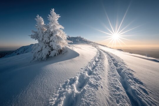 A beautiful snowy mountain trail is illuminated by the warm sunset, featuring a frosty tree amidst the sparkling snow