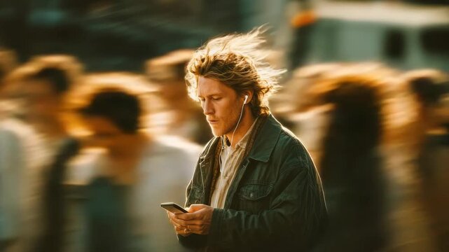Time Lapse Crowd Motion Blur. Young Man Standing Still Using Smartphone in Busy City Street Rush Hour.