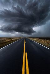 Fototapeta premium Long straight road under a dramatic stormy sky with dark, heavy clouds