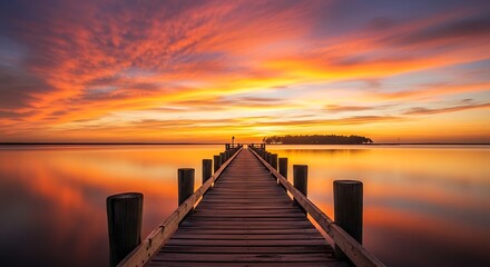 Stunning sunrise over tranquil water with wooden pier reaching into vivid orange sky, perfect for travel inspiration and peaceful escape imagery