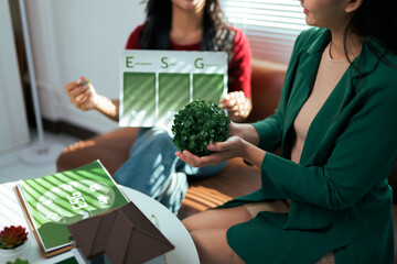 Businesswomen discussing ESG strategy holding green ball