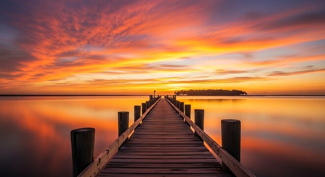 Stunning sunrise over tranquil water with wooden pier reaching into vivid orange sky, perfect for travel inspiration and peaceful escape imagery