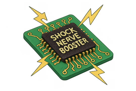 Shock nerve booster microchip on circuit board generating lightning