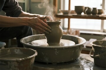 Potter shaping clay on a spinning wheel in a workshop