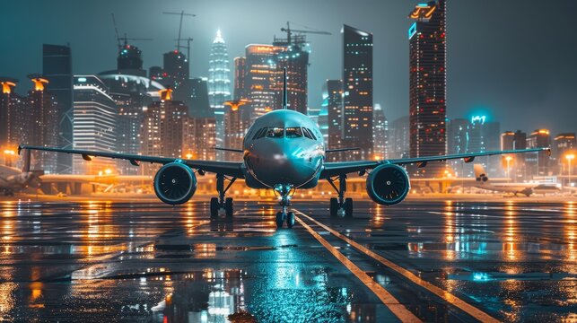 Futuristic digital overlay highlights airplane approaching a dazzling city skyline at night.