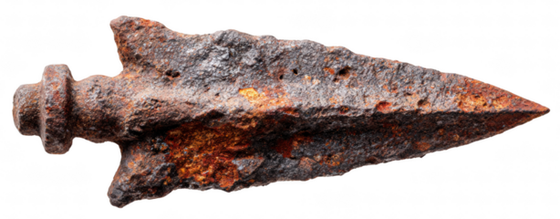 Top-down view of a rust-covered spearhead fragment, isolated on transparent background, archaeological weapon relic, sharp focus