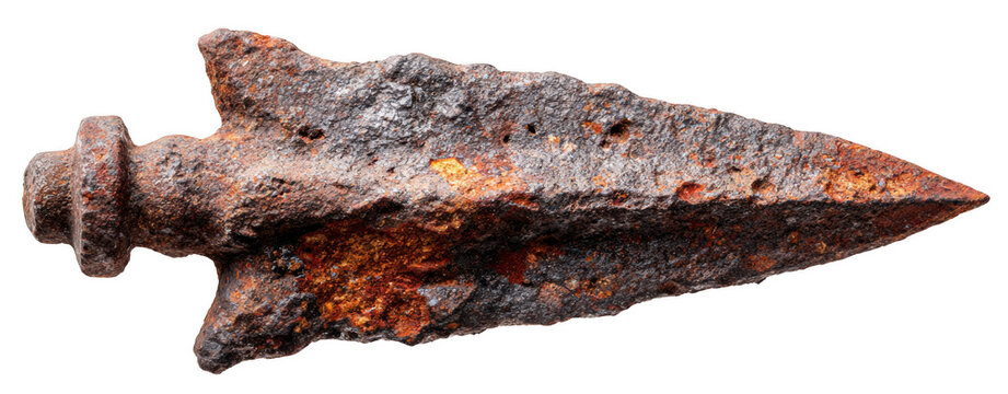 Top-down view of a rust-covered spearhead fragment, isolated on transparent background, archaeological weapon relic, sharp focus