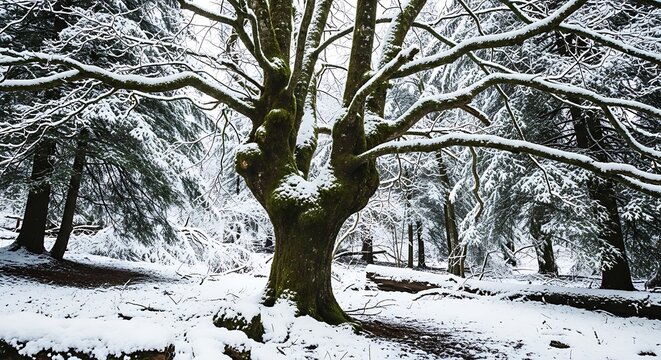 Experience the serene beauty of a snow covered forest with majestic trees, perfect for winter landscapes and seasonal designs