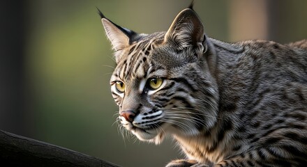 Intense gaze of a stunning bobcat resting on a branch, a wildlife portrait perfect for nature enthusiasts and educational content, wildcat beauty