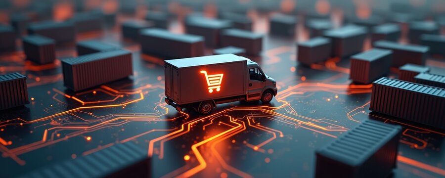 Delivery truck with glowing shopping cart icon drives on digital circuit board network. Many shipping containers present. Image represents modern e-commerce logistics, tech supply chain, global