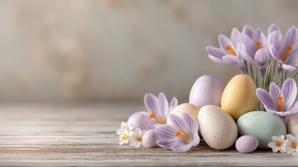 Pastel easter eggs and crocus flowers on a rustic wooden table create a soft and inviting spring scene, perfect for holiday cards and decorations