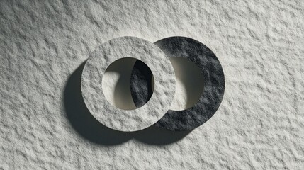 Interlocking circles, textured white and black, cast shadow on a rough surface