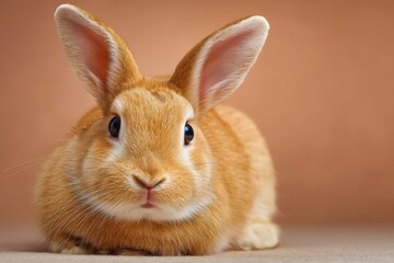 A cute fluffy ginger bunny rabbit sits on a beige surface against a plain brown background, looking at the camera with its big eyes and long ears