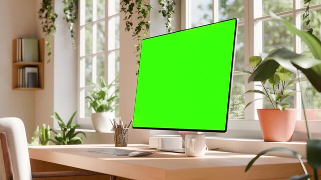 Computer monitor green screen mockup &ndash; right side perspective close-up, camera moving toward screen &ndash; bright home office interior with plants &ndash; tracking clip and luma matte included