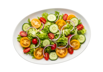 Fresh garden salad with sliced yellow and red tomatoes, cucumber, and red onion rings served on a white oval plate, isolated on transparent background