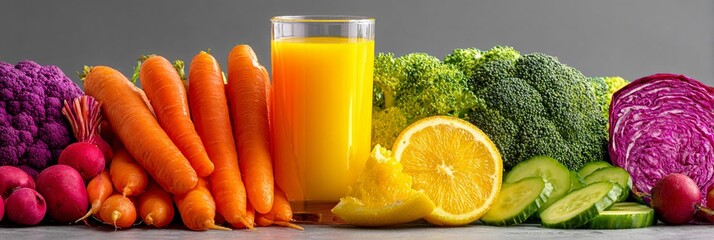 Freshly prepared colorful vegetables with a glass of vibrant orange juice, perfect for healthy eating and nutrition concepts. Ideal for health, wellness, and lifestyle themes.