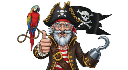 Cartoon Pirate Giving Thumbs Up with Parrot and Jolly Roger Flag &ndash; Old Buccaneer Character with Hook Hand Approving Adventure and Treasure Hunts, Ideal for Children's Illustration, Entertainment, Mark