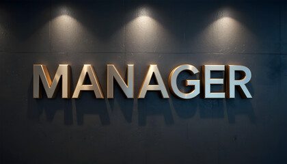 A sleek and modern golden metal sign displaying the word manager on a dark wall background