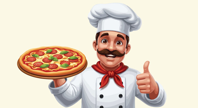 Cheerful Italian Chef Presenting Delicious Pepperoni Pizza with a Thumbs Up in a Restaurant Setting, Perfect for Promoting Food Services,  Showcasing Culinary Expertise, and Enhancing Marketing Materi