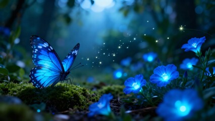Dreamy Fantastical Scene of a Blue Butterfly with Glowing Flowers and Magic Dust