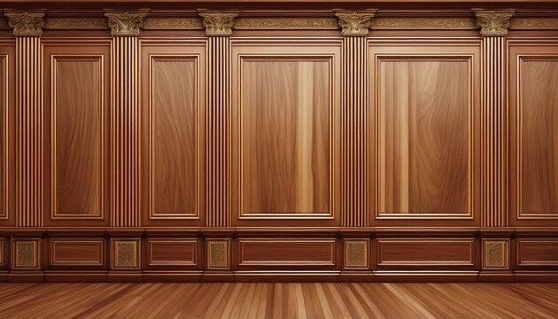 classic premium luxury wood paneling wall background or texture highly crafted traditional wood paneling wall and floor with a frame and column pattern extra wide format hand edited generative ai