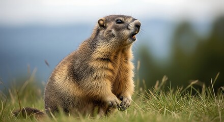 Adorable marmot standing alert in grassy meadow, wildlife photography for nature lovers and wildlife enthusiasts