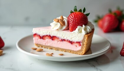 Slice of strawberry cream pie, topped with whipped cream, fresh berry, and almonds. A perfect dessert for any occasion, featuring fruit and creamy layers.