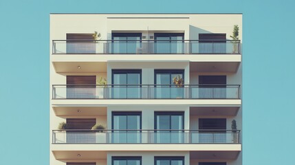 Minimalist apartment building facade with balconies and blue sky Image
