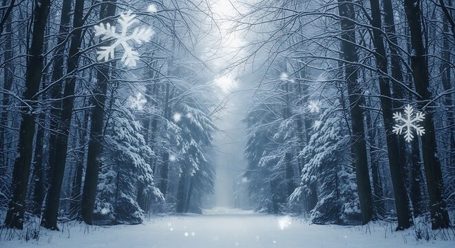 Enchanting winter wonderland scene with snow-covered trees and delicate snowflakes falling gently, perfect for holiday designs or serene backgrounds
