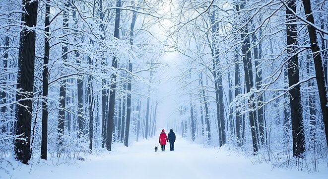 Romantic winter walk through snowy forest with dog, couple holding hands, scenic snow covered trees, peaceful winter scene, perfect for holiday cards