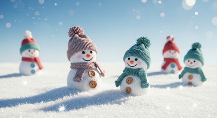 Charming snowmen family wearing knitted hats and scarves in a snowy landscape